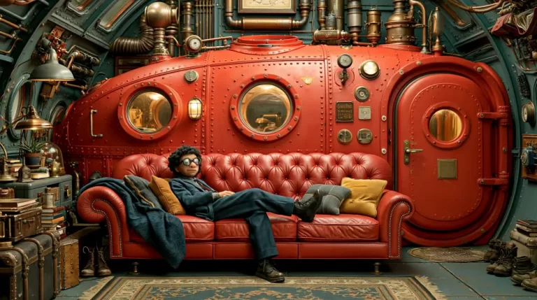 Cozy steampunk airship lounge with a red sofa, round windows, and a sleeping passenger.