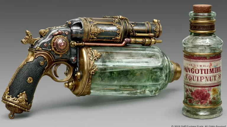 Intricately crafted steampunk pistol attached to a glass chemical reservoir.