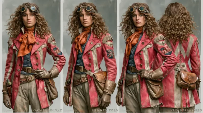 Steampunk aviator outfit lineup showing a woman in red coat, goggles, gloves, and leather accessories.