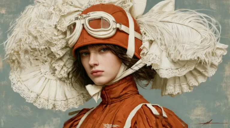 Steampunk aviator portrait of a young woman wearing goggles, an orange flight cap, and large cream feathered accessories.