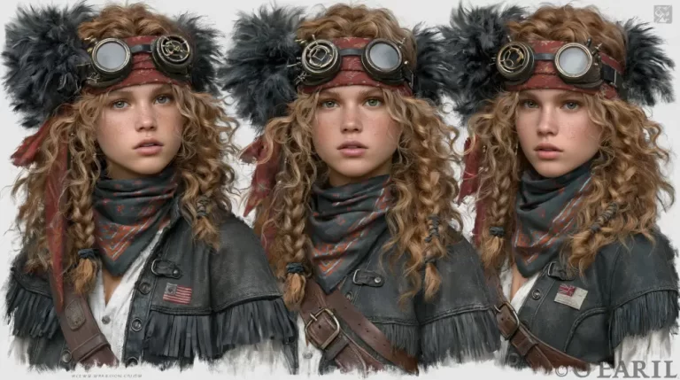 Three portraits of a young steampunk aviator wearing vintage goggles and winter clothing.
