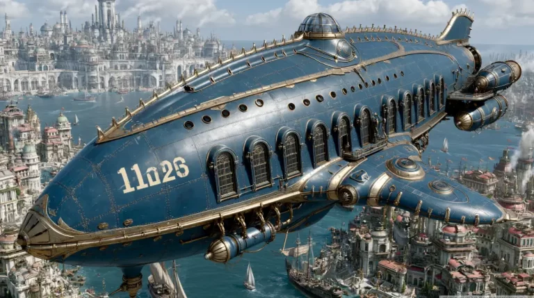 Steampunk blue airship flying above a harbor city with towers, domes, boats, and industrial architecture.
