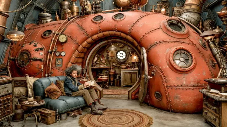 Rounded steampunk home built inside a giant riveted boiler.
