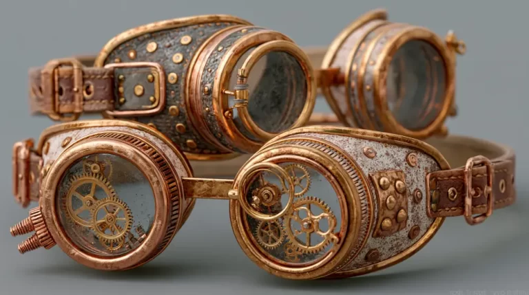 Pair of ornate brass steampunk goggles with engraved mechanical details.