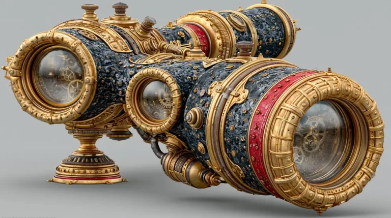 Ornate steampunk brass telescope with multiple lenses, gears, and decorative blue panels.