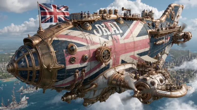 Large steampunk airship painted with a British flag flying above a city and harbor with small crew figures on deck.