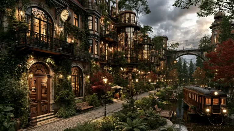 Picturesque steampunk canal district with lush buildings and a passing steam tram.