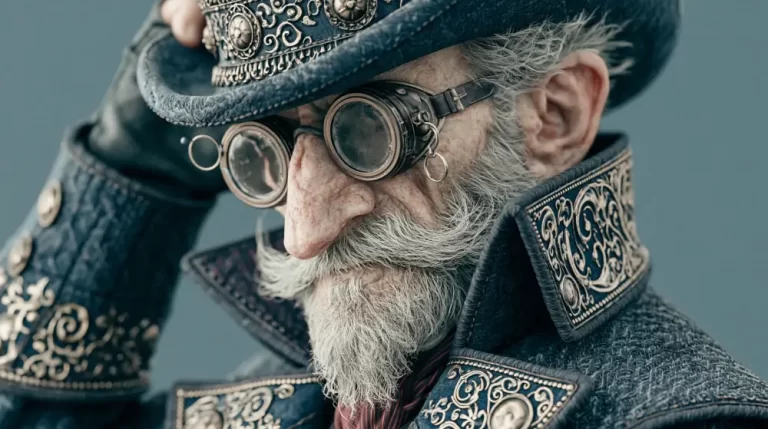 Portrait of an elderly steampunk captain wearing ornate goggles and embroidered clothing.