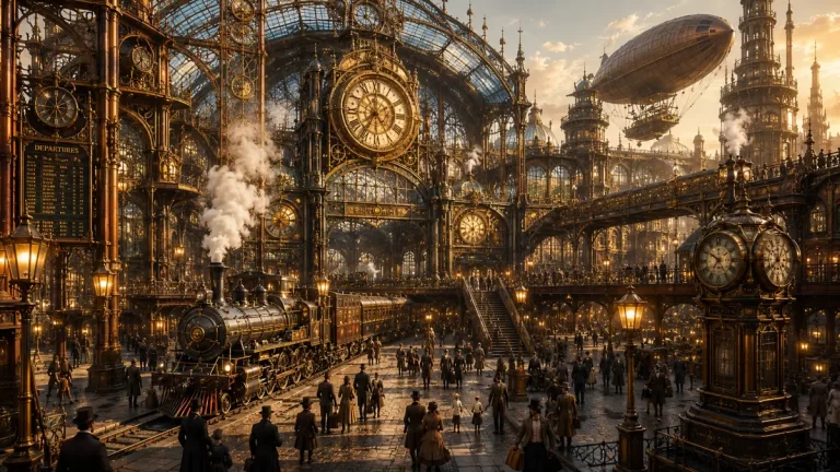 Steampunk Central Railway Terminal with Victorian architecture, steam locomotive, giant mechanical clocks and airships.