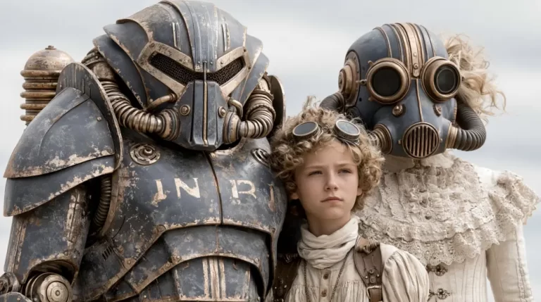 Steampunk child standing beside two masked adults wearing industrial gas masks and mechanical armor in a retro-futuristic world.
