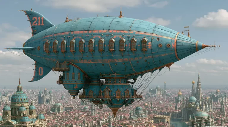 Large turquoise steampunk airship floating above a sprawling domed city.