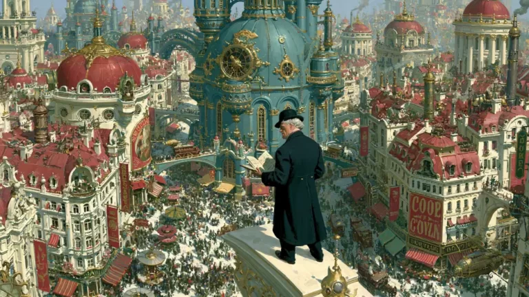 Steampunk city overlook with a man standing on a monument above crowded streets, domes, markets, and towers.