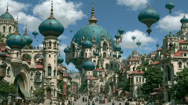 Steampunk city with floating blue domes, ornate towers, busy streets, and bright clouds above.