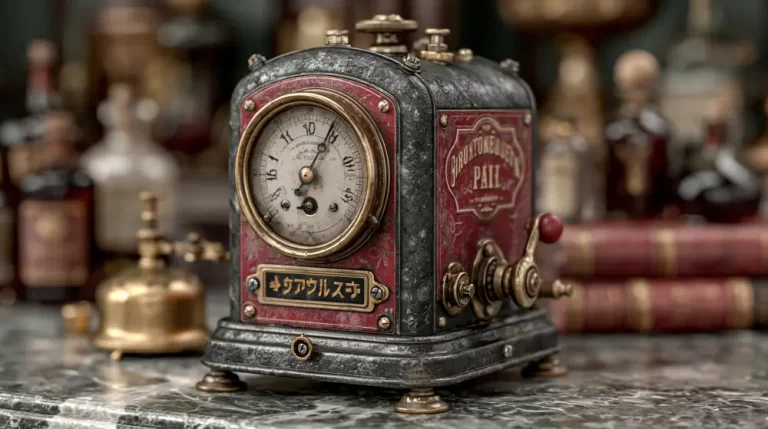 Small steampunk control box with an analog clock face, levers, brass details, labels, and vintage laboratory objects.