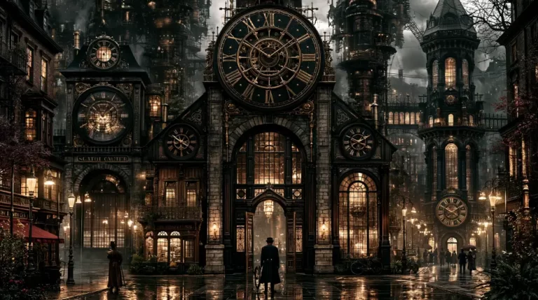 Grand steampunk palace with enormous clock faces and dramatic Gothic-inspired architecture.