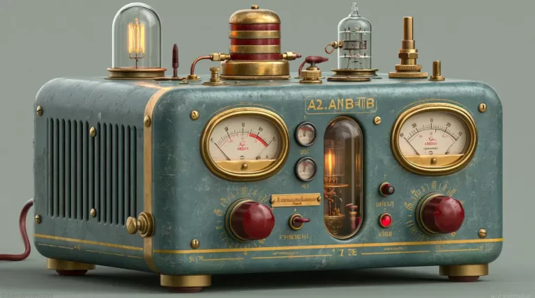 Vintage-inspired steampunk control console with gauges, valves, and glowing vacuum tubes.