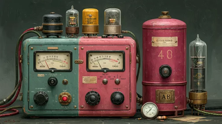 Vintage steampunk control instruments with analog meters, tubes, and power units.