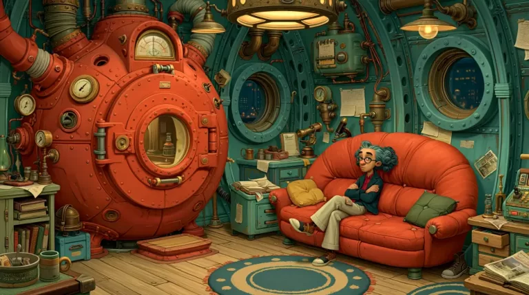 Comfortable steampunk home interior with giant machinery and a sleeping resident.