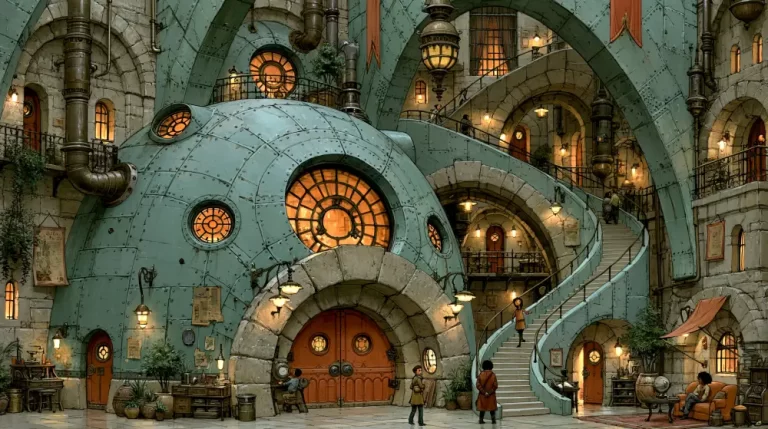 Large blue domed steampunk workshop surrounded by bridges and industrial architecture.