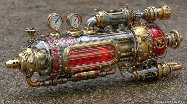 Large ornate steampunk energy cannon with glowing red core.