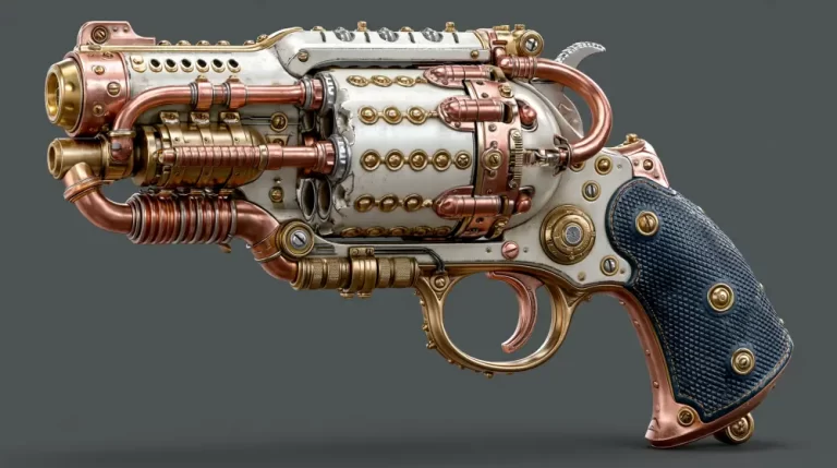 Detailed steampunk energy pistol with brass pipes and engraved metal components.