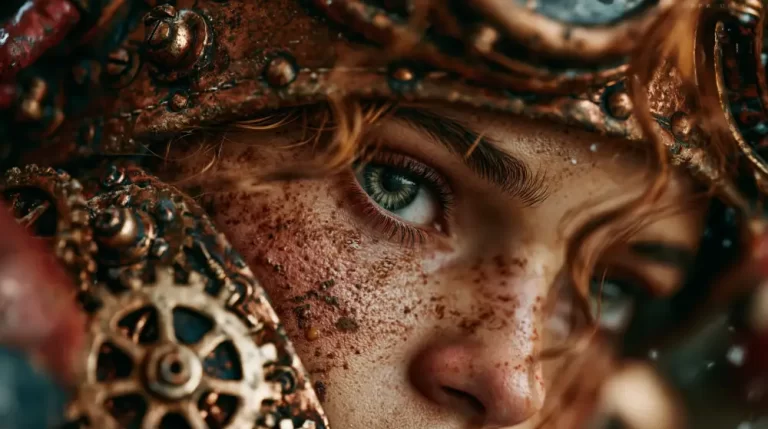 Close-up portrait of a steampunk engineer wearing intricate mechanical headgear.