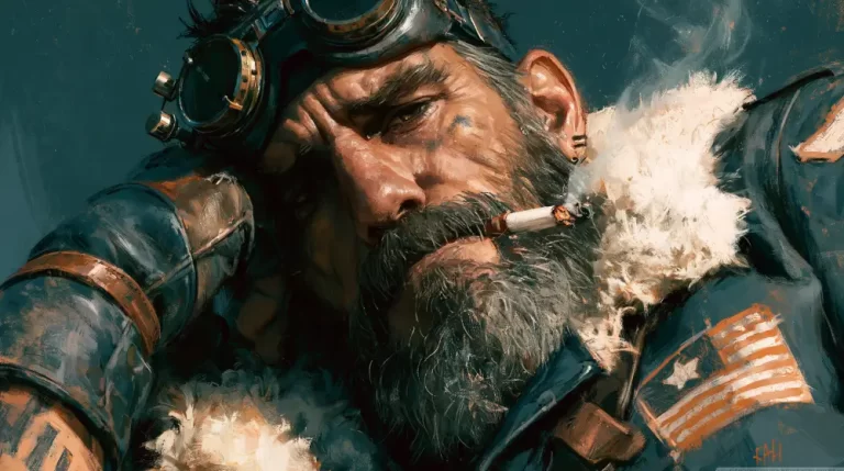 Portrait of a rugged steampunk expedition captain with goggles and a thick beard.