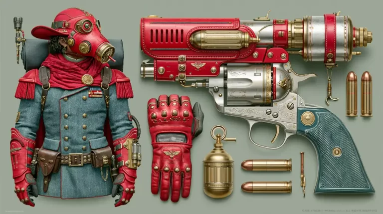 Steampunk explorer uniform displayed with a ray gun, gloves, ammunition, and equipment.