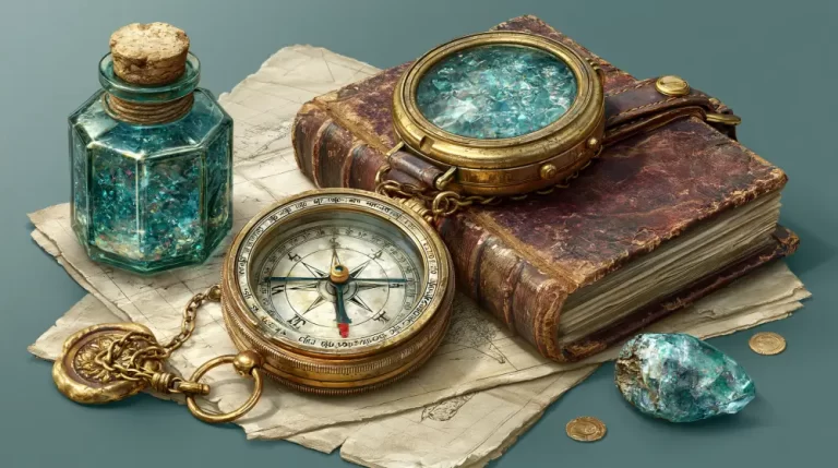 Vintage compass, journal, potion bottle, and crystals arranged on an explorer's desk.