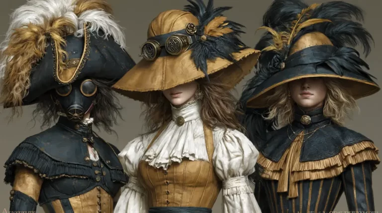 Three women wearing elaborate feathered Victorian hats and steampunk clothing.