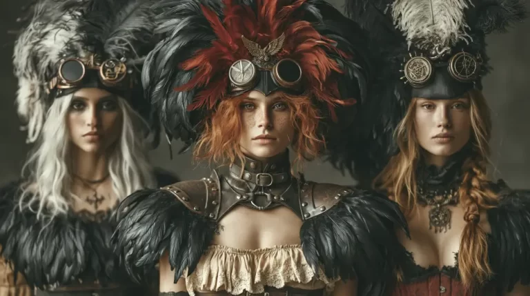 Three steampunk women wearing elaborate feathered costumes and brass goggles.