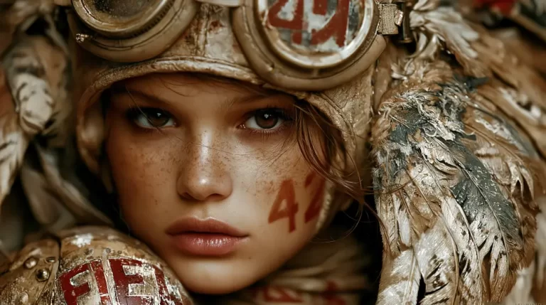 Close-up portrait of a young steampunk aviator wearing vintage goggles, a feathered hood, and weathered clothing.