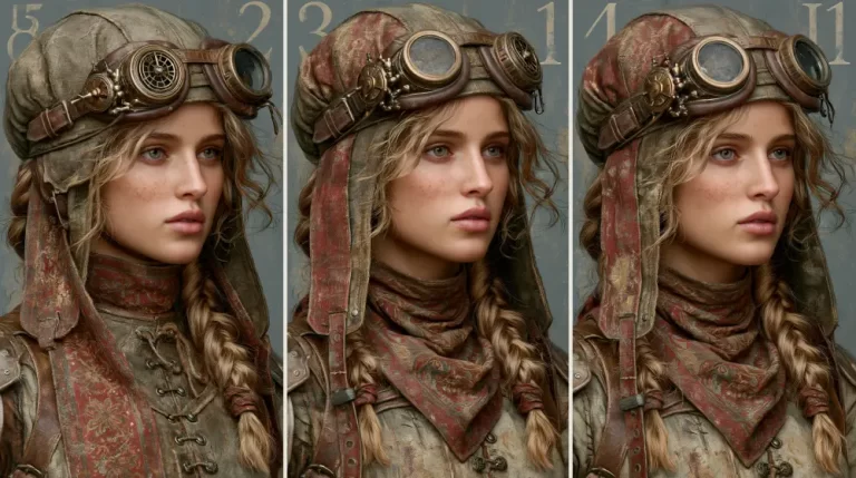 Three portraits of a young female steampunk aviator wearing vintage goggles.