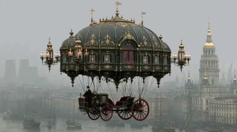 Ornate floating steampunk palace suspended above a historic city.