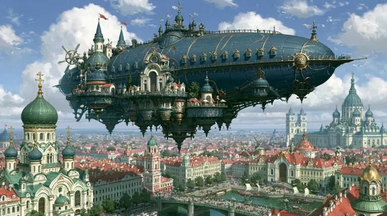 Massive steampunk airship floating above a European-inspired city.