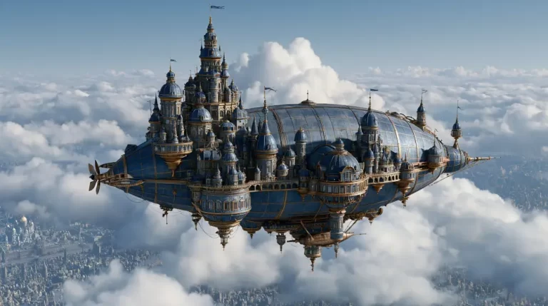 Massive flying palace airship above the clouds with ornate Victorian architecture.