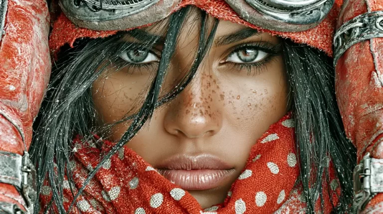 Close-up portrait of a freckled young steampunk aviator wearing brass goggles and a red scarf.