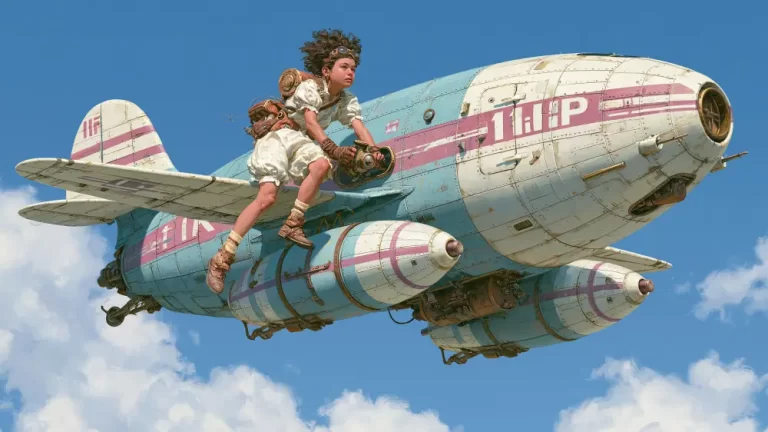 Steampunk girl riding on top of a pastel retro aircraft with mechanical gear against a bright blue sky.