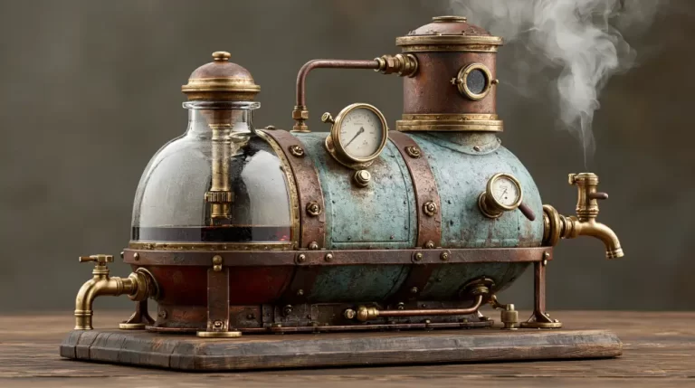Steampunk glass boiler generator with brass gauges, riveted metal, and a large transparent pressure chamber.