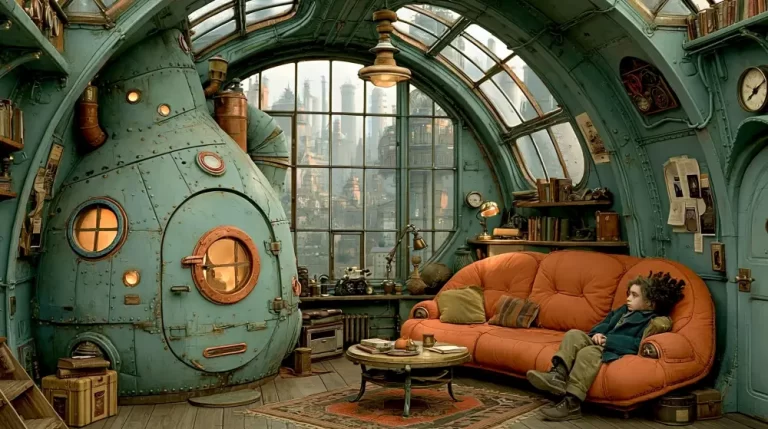 Elegant steampunk lounge with glass roof, brass machinery, and leather sofas.