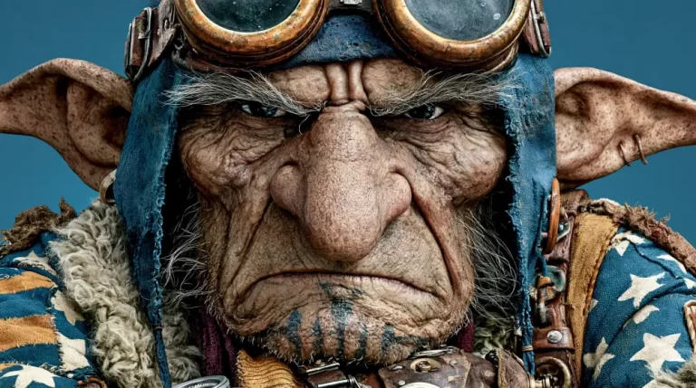Close-up portrait of a goblin-like steampunk aviator wearing brass goggles.