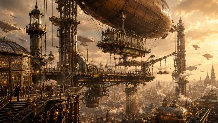 Steampunk Grand Airship Port with colossal airships, brass towers, mechanical cranes and Victorian architecture above a sprawling city.