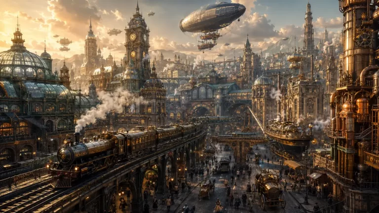 A magnificent steampunk capital featuring Victorian architecture, giant airships, steam locomotives, clock towers and intricate brass engineering at sunset.