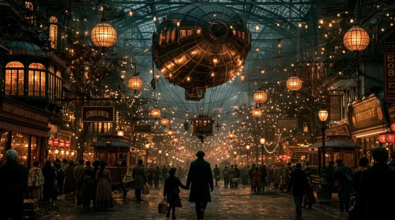 Vast illuminated steampunk market hall beneath a glass roof.