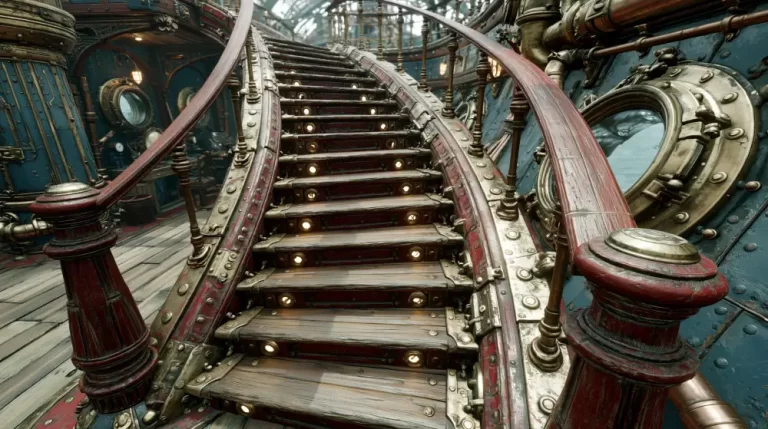 Curved steampunk grand staircase inside a mechanical glass-roofed interior.