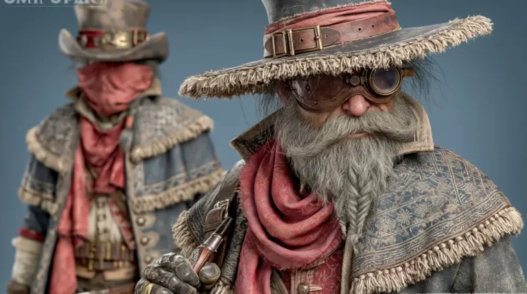 Steampunk gunslinger in a wide hat holding a pistol beside a masked companion in a dusty retro-futuristic scene.