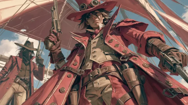 Steampunk gunslingers in red coats standing beneath a red airship with pistols and dramatic illustrated styling.