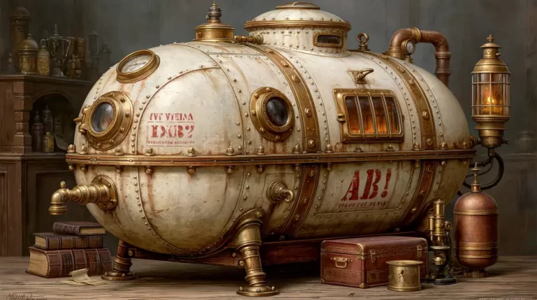 Large riveted steampunk industrial boiler with brass fittings and pressure valves.