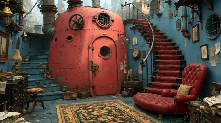 Cozy industrial steampunk living room with a giant red mechanical boiler.