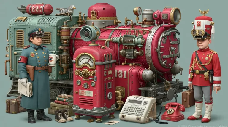 Large colorful steampunk industrial machines displayed with uniformed characters.